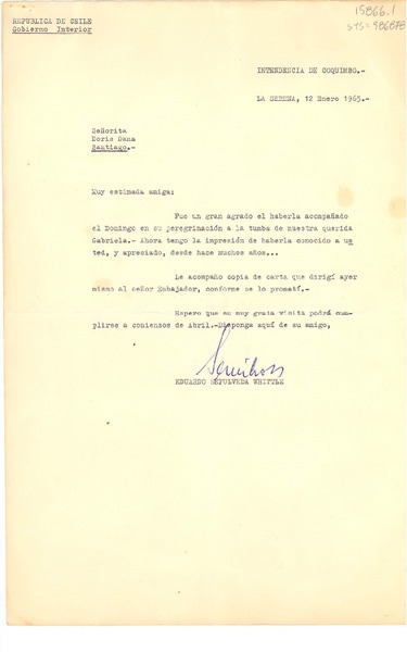 [Carta], 1965 ene. 12, La Serena, Chile [a] Doris Dana, Santiago, [Chile]