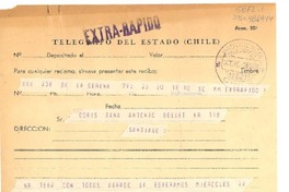 [Telegrama] [1965 dic. 20?], Coquimbo, [Chile] [a] Doris Dana, Santiago, [Chile]
