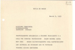 [Telegrama] 1953 Mar. 3, Consulado de Chile, Seybold Building, Miami, Florida, [EE.UU.] [al] Ministro Olavarría, MinRelaciones, Santiago, Chile