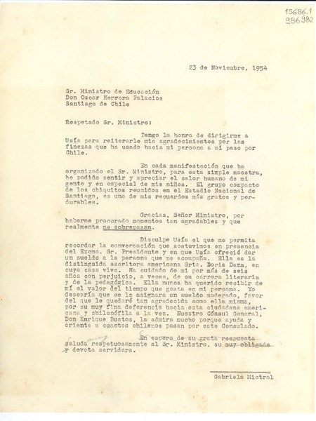 [Carta] 1954 nov. 23 [a] Sr. Ministro de Educación Don Oscar Herrera Palacios, Santiago de Chile