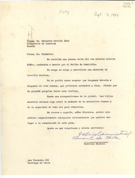 [Carta] 1954 Sept. 12, Las Torcazas 242, Santiago de Chile [al] Excmo. Sr. Ministro Osvaldo Koch, Ministerio de Justicia, Moneda, [Santiago, Chile]