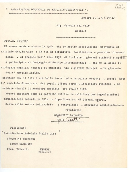 [Carta] 1951 ag. 13, Liceo Classico, Prov. Venezie, [Italia] [al] Sig. Console del Cile, Rapallo, [Italia]