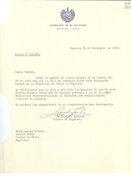 [Carta] 1951 nov. 15, Nápoles, [Italia] [a] Distinguida Señora Lucila Godoy, Cónsul de Chile, Nápoles