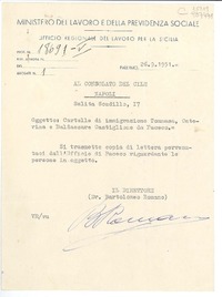[Carta] 1951 sett. 26, Palermo, [Italia] [al] Consolato del Cile, Napoli, [Italia]