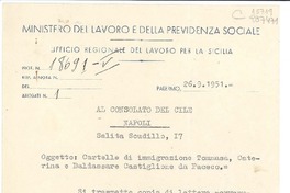 [Carta] 1951 sett. 26, Palermo, [Italia] [al] Consolato del Cile, Napoli, [Italia]