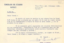 [Oficio] N. 28151, 1951 nov. 19, Nápoles, [Italia] [a la] Sra. Lucila Godoy (Gabriela Mistral), Cónsul de Chile, Nápoles, [Italia]
