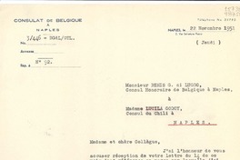 [Carta] 1951 nov. 22, Naples, Italie [a] Madame Lucila Godoy, Consul du Chili à Naples, Italie