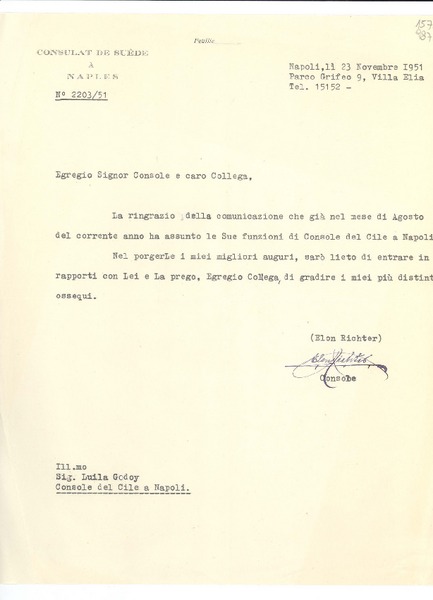 [Carta] N° 220351, 1951 nov. 23, Napoli, [Italia] [al] Ill.mo Sig. Luila [i.e. Lucila] Godoy, Console del Cile a Napoli, [Italia]