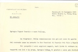 [Carta] N° 220351, 1951 nov. 23, Napoli, [Italia] [al] Ill.mo Sig. Luila [i.e. Lucila] Godoy, Console del Cile a Napoli, [Italia]