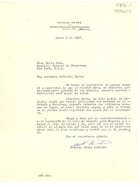 [Carta] 1957 ene. 8, [Jalapa, Ver., México] [a] Doris Dana, Hospital General de Hempstead, New York, E.U.A.