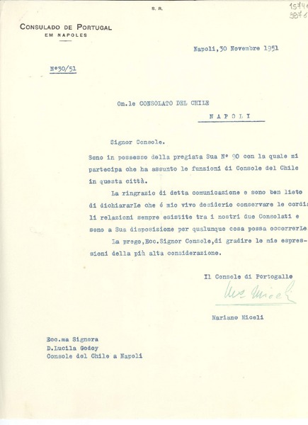 [Carta] 1951 nov. 30, Napoli, [Italia] [a] Eccma. Signora D. Lucila Godoy, Console del Chile a Napoli