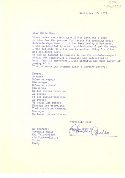 [Carta] 1957 may 24, Turin, Italia [a] Doris Dana, [Long Island, New York, Estados Unidos]