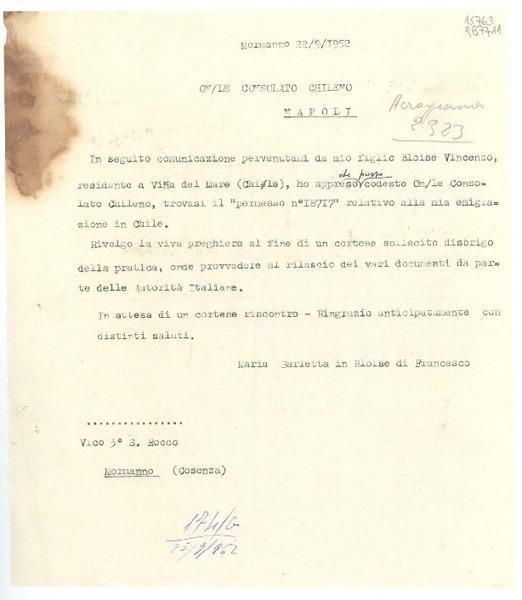 [Carta] 1952 sett. 22, Mormanno, [Italia] [al] Consolato chileno, a Napoli, [Italia]