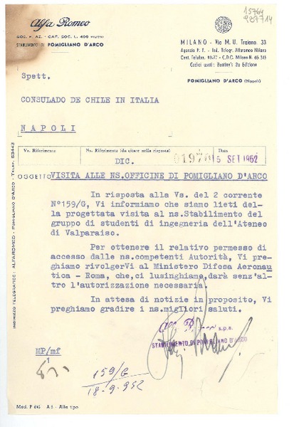 [Carta] 1952 sett. 15, Milano, [Italia] [al] Spett. Consulado de Chile in Italia, Napoli