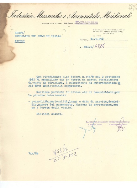 [Carta] 1952 sett. 24, Napoli, [Italia] [al] SpettConsolato del Cile in Italia, Napoli