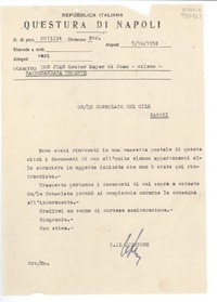 [Carta] 1952 ott. 7, Napoli, [Italia] [al] Consolato del Cile, Napoli, [Italia]