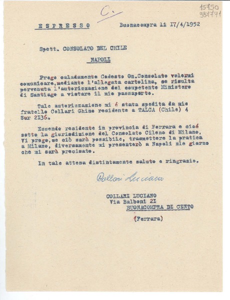 [Carta] 1952 apr. 17, Buenacompra, [Italia] [a] Consolato del Chile, Napoli