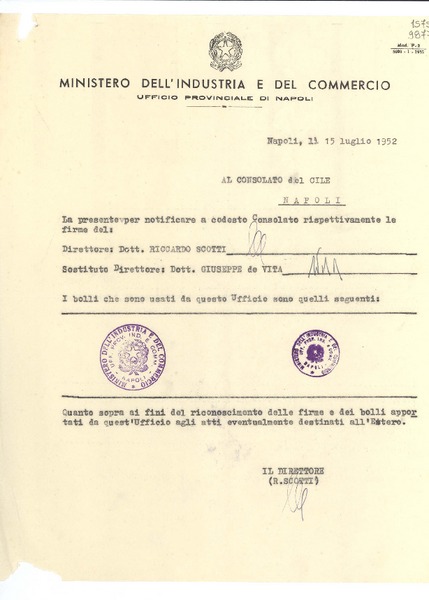 [Carta] 1952 luglio 15, Napoli, [Italia] [a] Consolato del Cile, Napoli