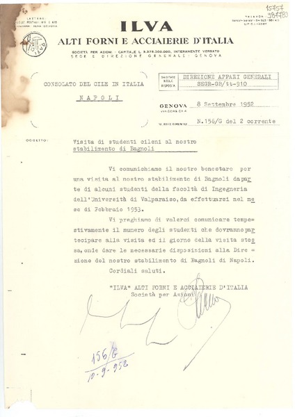 [Carta] 1952 sett. 8, Genova, [Italia] [a] Consolato del Cile in Italia, Napoli