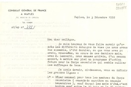 [Carta] 1952 déc. 3, Naples, [Italia] [a] Madame Lucila Godoy, Consul du Chili, Naples