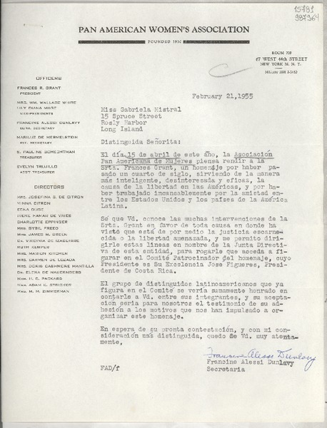 [Carta] 1955 feb. 21, New York, [Estados Unidos] [a] Miss Gabriela Mistral, 15 Spruce Street, Rosly Harbor, Long Island