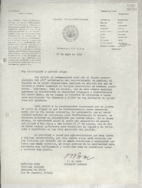 [Carta] 1942 mayo 25, Washington, D. C., E.U.A. [a] Señorita doña Gabriela Mistral, Embajada de Chile, Río de Janeiro, Brasil