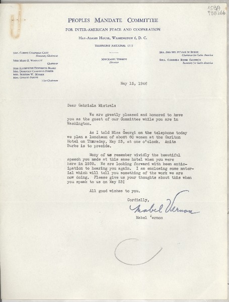 [Carta] 1946 May 15, Hay-Adams House, Washington 6, D. C., [EE.UU.] [a la] Dear Gabriela Mistral