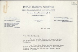 [Carta] 1946 May 15, Hay-Adams House, Washington 6, D. C., [EE.UU.] [a la] Dear Gabriela Mistral