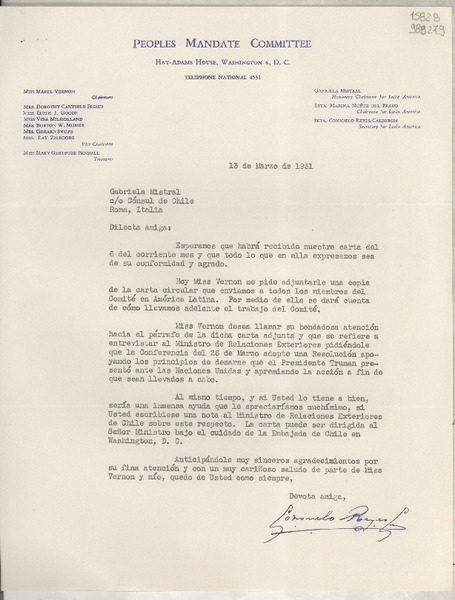 [Carta] 1951 mar. 13, Washington D. C., [Estados Unidos] [a] Gabriela Mistral, Cónsul de Chile, Roma, Italia
