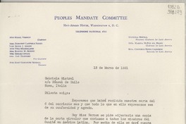 [Carta] 1951 mar. 13, Washington D. C., [Estados Unidos] [a] Gabriela Mistral, Cónsul de Chile, Roma, Italia
