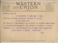 [Telegrama] 1946 mar. 7, New York, [EE.UU.] [a] Gabriela Mistral, Consulato General of Chile, 61 Broadway, NYK, [EE.UU.]