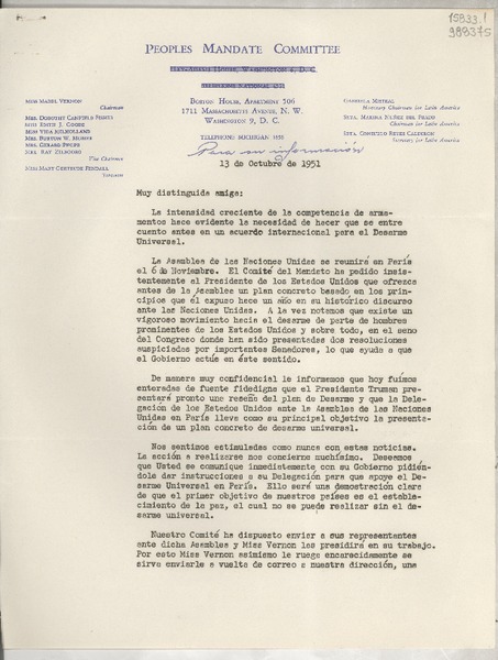 [Carta] 1951 oct. 13, Washington D. C., [Estados Unidos] [a] Distinguida Amiga
