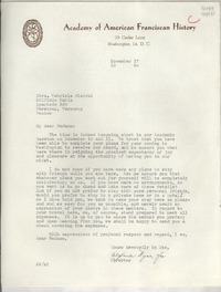 [Carta] 1950 Nov. 17, Academy of American Franciscan History, 29 Cedar Lane, Washington 14, D. C., [EE.UU.] [a la] Stra. [i.e. Srta.] Gabriela Mistral, Edificio Bahia, Apartado 338, Veracruz, Veracruz, México