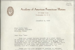 [Carta] 1950 Dec. 3, Academy of American Franciscan History, 29 Cedar Lane, Washington 14, D. C., [EE.UU.] [a] Miss Doris Dana, Co General Delivery, Houston, Texas, [EE.UU.]