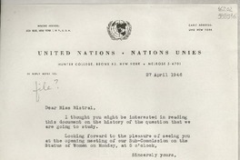 [Carta] 1946 Apr. 27, New York, [Estados Unidos] [a] Miss Gabriela Mistral, 770 Park Avenue, New York
