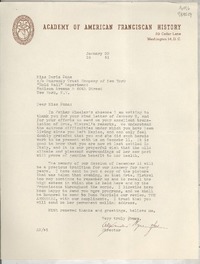 [Carta] 1951 Jan. 22, Academy of American Franciscan History, 29 Cedar Lane, Washington 14, D. C., [EE.UU.] [a] Miss Doris Dana, co Guaranty Trust Company of New York, "Hold Mail" Department, Madison Avenue & 60 th Street, New York, N.Y., [EE.UU.]