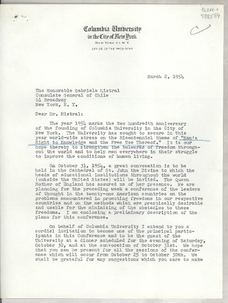 [Carta] 1954 Mar. 2, Columbia University in the City of New York, New York 27, N. Y., [EE.UU.] [a] The Honorable Gabriela Mistral, Consulate General of Chile, 61 Broadway, New York, N.Y., [EE.UU.]