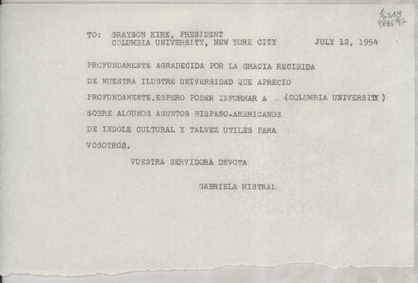 [Telegrama] 1954 July 12, [EE.UU.] [a] Grayson Kirk, President Columbia University, New York City, [EE.UU.]