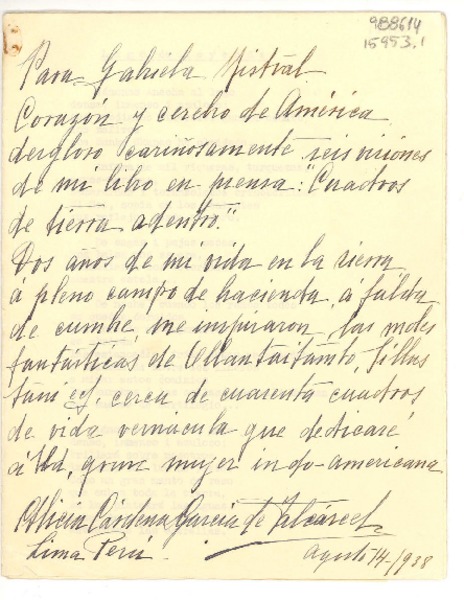 [Carta] 1934 ago. 14, Lima, Perú [a] Gabriela Mistral, [España?]