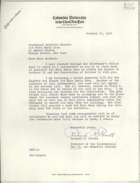 [Carta] 1954 Oct. 27, Columbia University in the City of New York, New York 27, N. Y., [EE.UU.] [a] The Honorable Gabriela Mistral, co Miss Doris Dana, 15 Spruce Street, Roslyn Harbor, New York, [EE.UU.]
