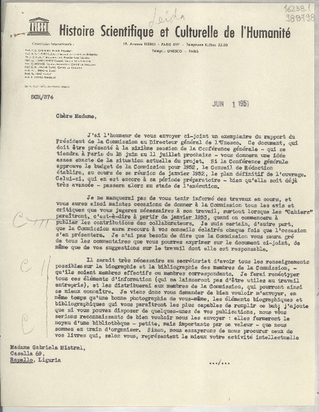 [Carta] 1951 jun. 1, Paris, [Francia] [a] Madame Gabriela Mistral, Casella 69, Rapallo, Liguria