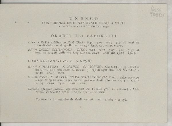 [Tarjeta] Conferenza Internazionale degli Artisti : Venezia 22 -28 Settembre 1952