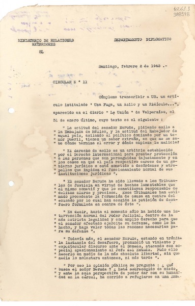 Circular N° 11, 1948 feb. 2, Santiago, [Chile]