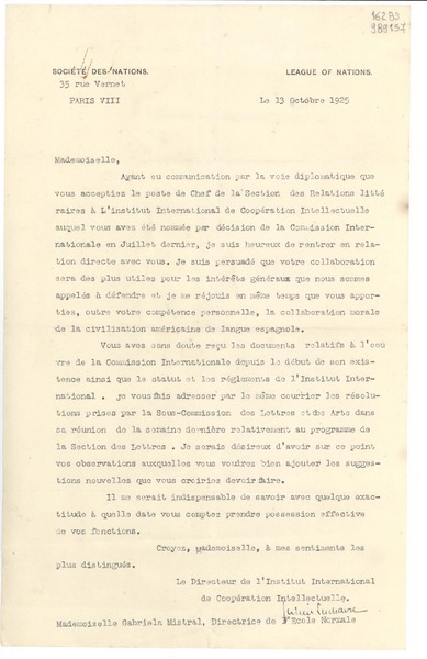 [Carta] 1925 oct. 13, Paris, [Francia] [a] Mademoiselle Gabriela Mistral