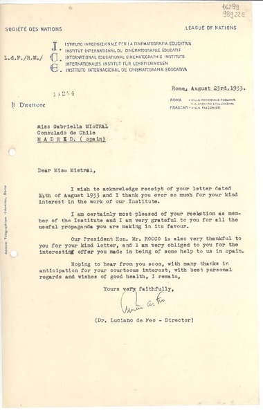 [Carta] 1933 Aug. 23, Roma, [Italia] [a] Miss Gabriella Mistral, Consulado de Chile, Madrid