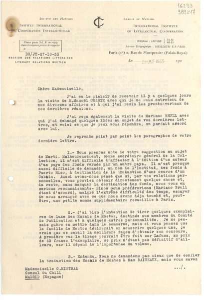 [Carta] 1933 oct. 28, Paris, [Francia] [a] Mademoiselle G. Mistral, Consul du Chili, Madrid