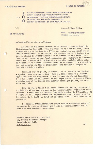 [Carta] 1934 mars 8, Rome, [Italie] [a la] Mademoiselle Gabriela Mistral, 11, Avenue Menendez Pelayo, Consulado de Chile, Madrid, [España]