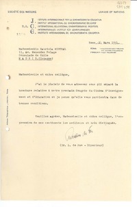 [Carta] 1934 mars 14, Rome, [Italie] [a la] Mademoiselle Gabriela Mistral, 11, Avenue Menendez Pelago, Consulado de Chile, Madrid, [Espagne]