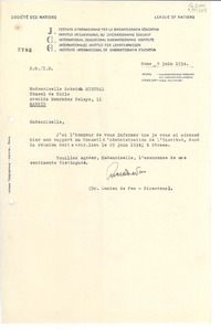 [Carta] 1934 juin 9, Rome, [Italie] [a la] Mademoiselle Gabriela Mistral, Cónsul de Chile, Avenida Menéndex Pelayo, 11, Madrid, [Espagne]