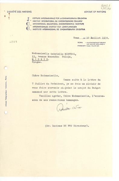 [Carta] 1934 juil. 10, Rome, [Italie] [a la] Mademoiselle Gabrielle [i.e. Gabriela] Mistral, 11, Avenue Menendez Pelajo, Madrid, Spagna